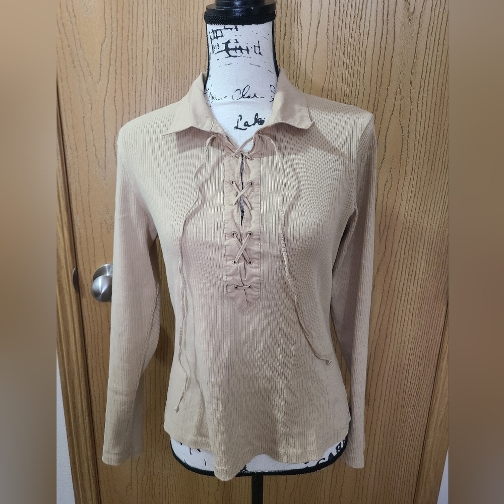 New York & Company Lace Up Y2k Long Sleeved Ribbed Top